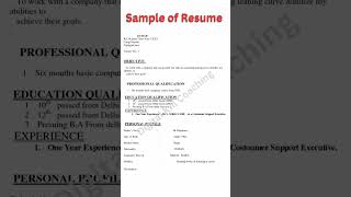 Sample of Resume #resume #biodata #jobs #naukari #teaching #learning #education #shortsfeed #shorts