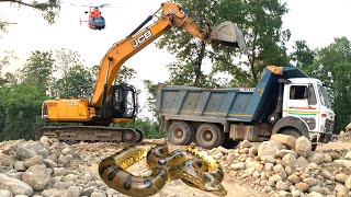 JCB 220 Excavator loading boulders into Tata truck |जेसिबी भिडियो | ट्रैक्टर भिडियो | Excavator JCB 
