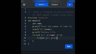 How to write a c program to print the pattern of right angled triangle using stars.