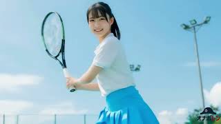 【AI美女】ミニスカートウェアのかわいいポニーテール女子テニス部選手がラケットを振る