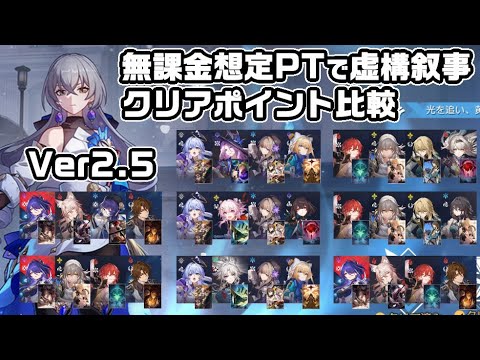 Ver2.5虚構叙事クリアのための無課金想定パーティとクリアポイント比較【崩壊スターレイル】【攻略解説】