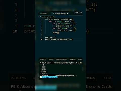 Number Pyramid shape in Python || #python #pythonprogramming #code #coding #short #shorts #viral