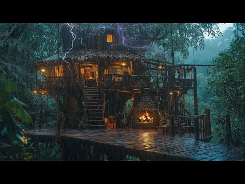 Stunning Treehouse in a Tropical Rainforest 🌳| Relaxing Thunderstorm Sounds on a Cool Summer Night