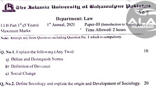 LLB 5 years introduction to sociology part 1 Annual exam paper 2021 Islamia University of bahawalpur