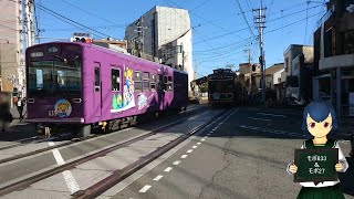 【電鈴式踏切】行きかう嵐電の電車