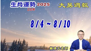 2025年 每週生肖運勢【 大易週報】➔ 陽曆 08/04~ 08/10｜癸未月｜大易命理頻道｜賴靖元 老師｜片尾運勢排行榜｜CC 字幕