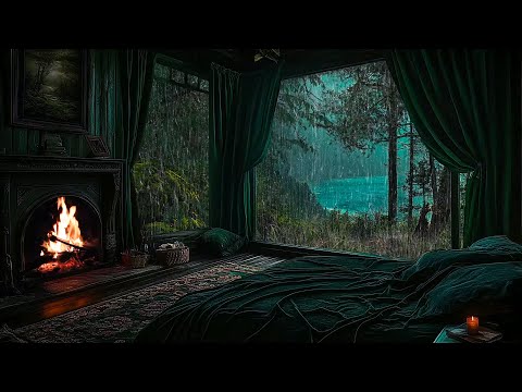 ⛈️ Crackling Fireplace and Rain On Window Sound,  Ocean Distant Sound Help You Sleep Well