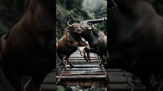 Buffaloes Clash on a Narrow Hanging Bridge! #animalfight #buffalo #buffalofight #animals #shortvideo
