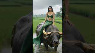 The Mermaid Queen Rides a Royal Buffalo in the Rain 🌧️✨ #MermaidMyth #VillageFantasy #shortvideo