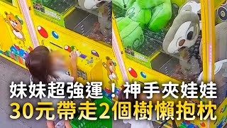 妹妹超強運！神手夾娃娃　30元帶走2個樹懶抱枕