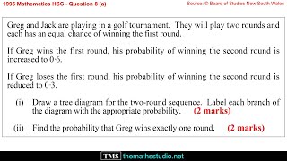 1995 Maths 2u HSC Q8a Find probability of 2-stage dependent events by drawing a tree diagram
