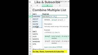 Excel Combine List|#shorts #youtubeshorts #excel #trending #viral #short #reels #shortsvideo #new