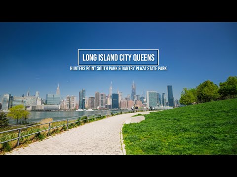 Beautiful Sunny Walk along Hunters Point South Park and Gantry Plaza State Park in Long Island City